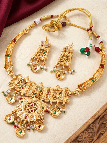 Lucky Jewellery Gold-Plated Ruby & Green Color Necklace Set (750-G2SR-269-RG)