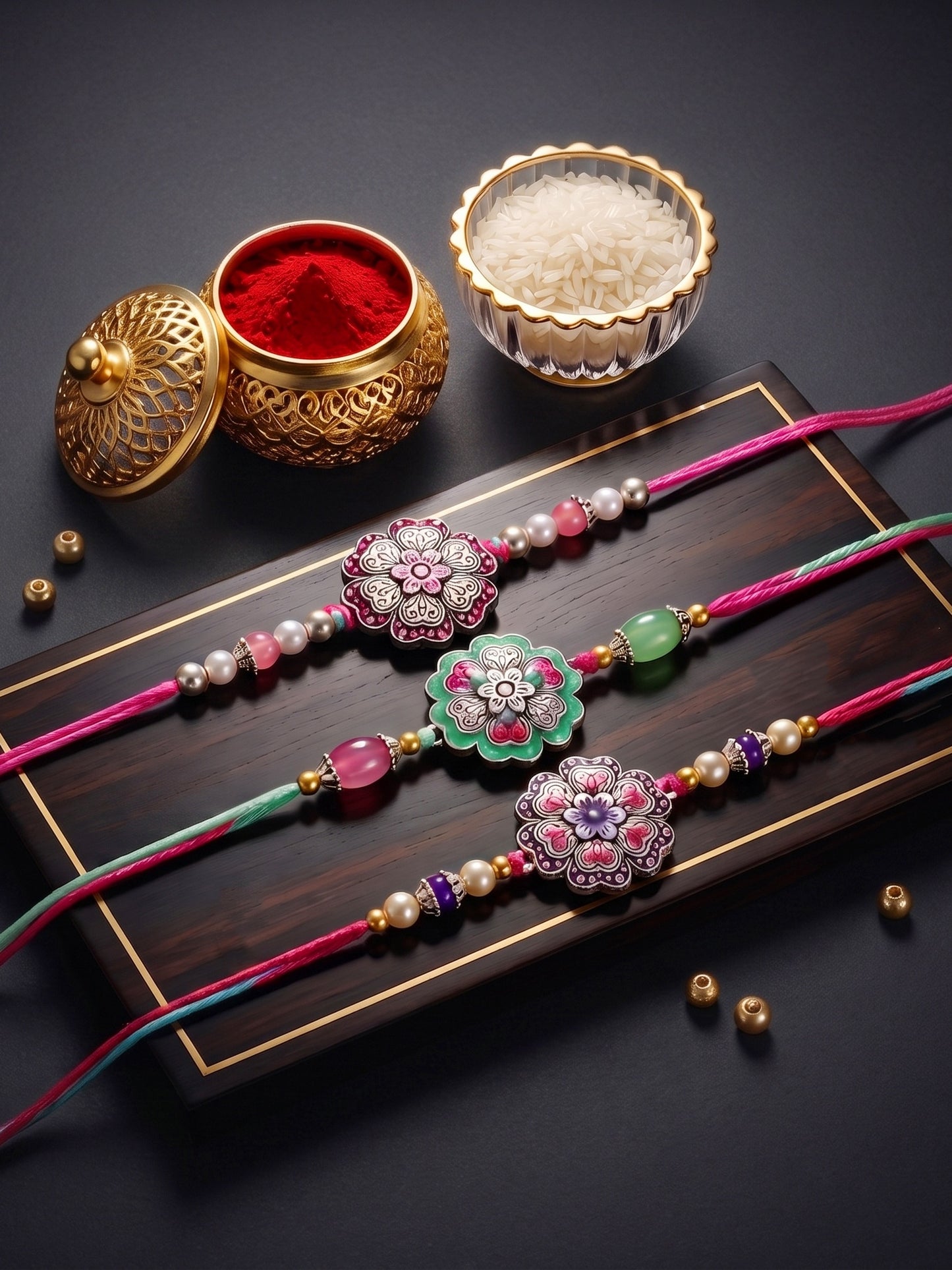 Set of 3 Floral Enamel Rakhi for Brother with Multi & Beads, Roli Chawal & Card (147-CHR1-1966-3-2026)