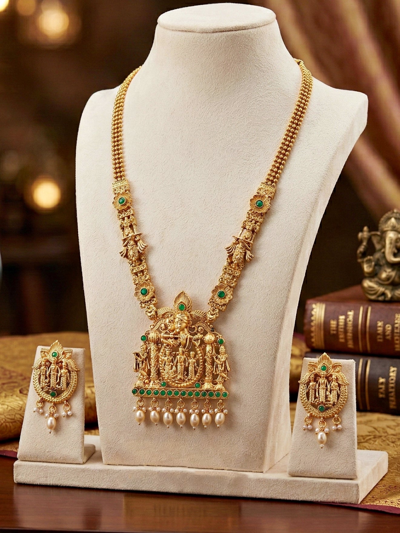 Lucky Jewellery 18K Gold-Plated Ram Parivar Temple Necklace Set (660-G2SR-195-G)