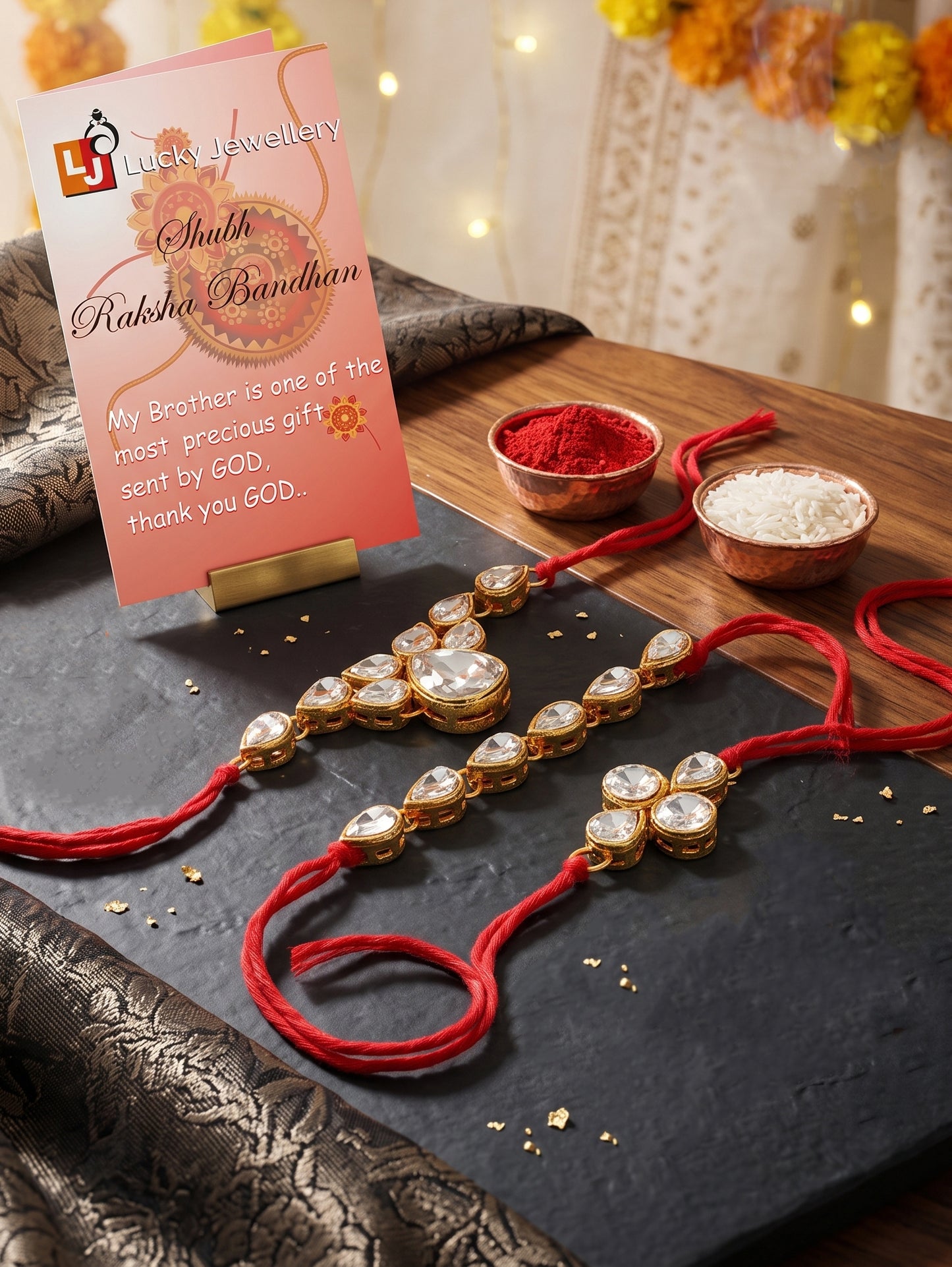 LUCKY JEWELLERY Traditional Rakhi for Brother/Bhaiya – Gold Plated Red Thread Rakshabandhan Rakhie White Stones for Bhai/Bhabhi (Pack of 3) – Fancy Rakhee Bracelet Rakshasutra (159-L1R1-04-W-3-2026)