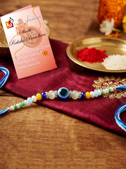 Blue Evil Eye Rakhi with Greeting Card and Roli Chawal Set for Rakshabandhan (57-S5R1-RN2244)
