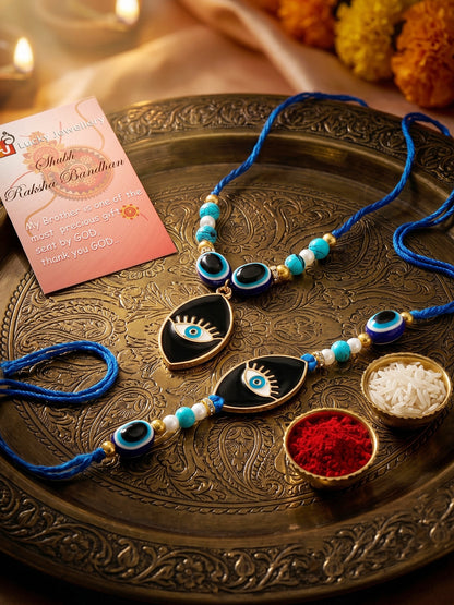 Set of 2 Bhaiya Bhabhi Rakhi Set with Small Evil Eye Pendant, Turquoise & Black Beads, Roli Chawal (194-CHCR1-1984-S-2-2026)