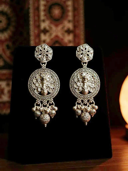 Oxidised Silver Peacock Design Long Necklace Set for Women & Girls