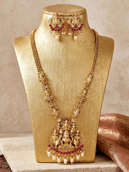 Lucky Jewellery Gold-Plated Laxmi Idol Temple Ruby Color Necklace Set (660-G2SR-196-R)
