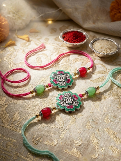 Set of 2 Floral Rakhi for Brother with Magenta & Mint Beads, Roli Chawal & Card (108-CHR1-1966-MNTR-S-2-2026)