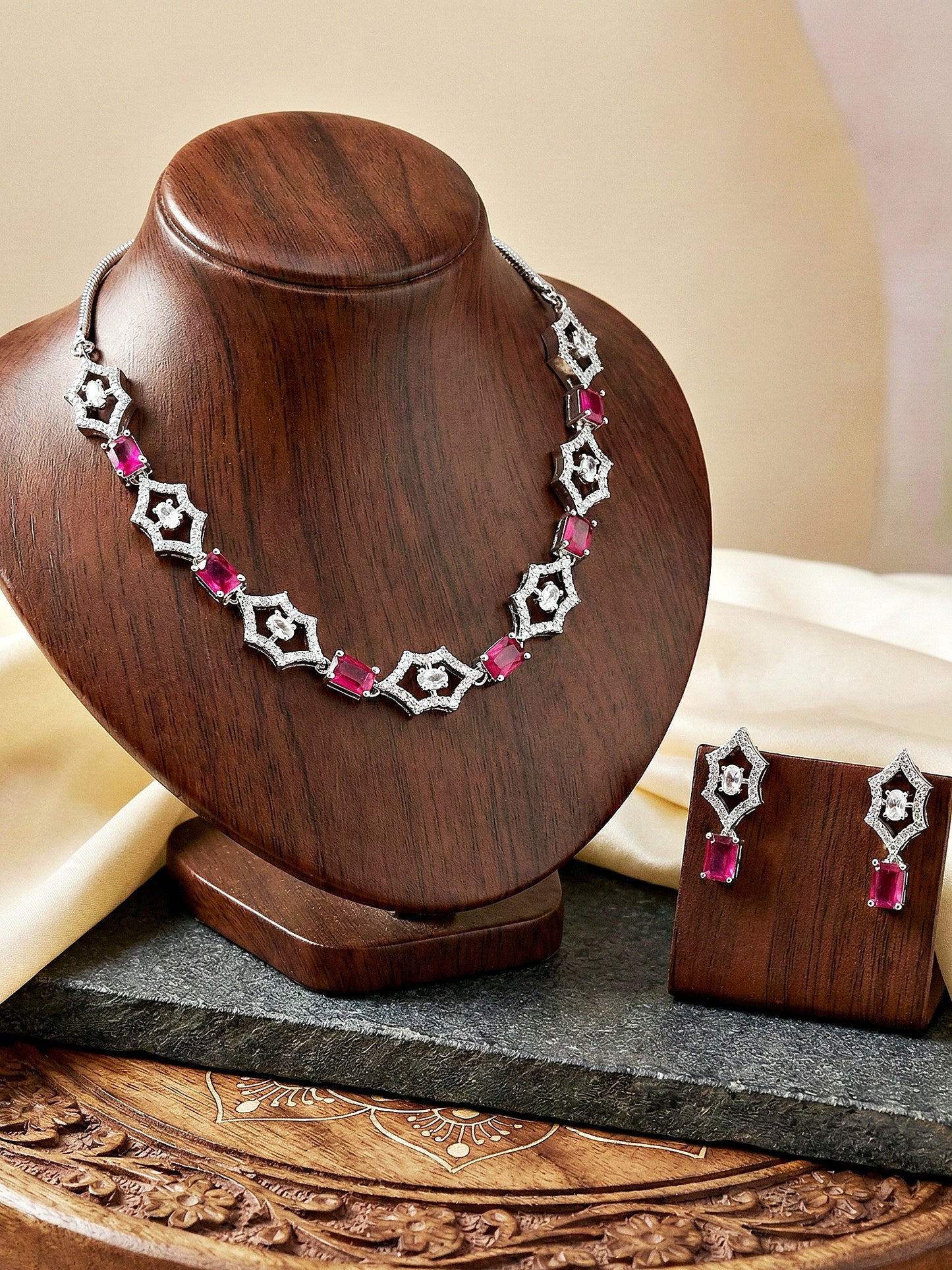 Silver-Tone Ruby Red Stone & American Diamond Necklace Set with Earrings for Women – Office, Party & Function Wear (628-K4SA-2240-R-S)