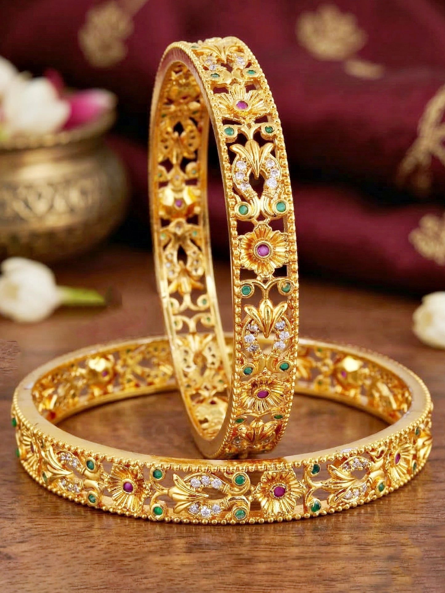 Gold-Plated Temple Floral AD Pink Green Bangle (816-C1BG-2204-2)