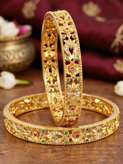 Gold-Plated Temple Floral AD Pink Green Bangle (816-C1BG-2204-2)