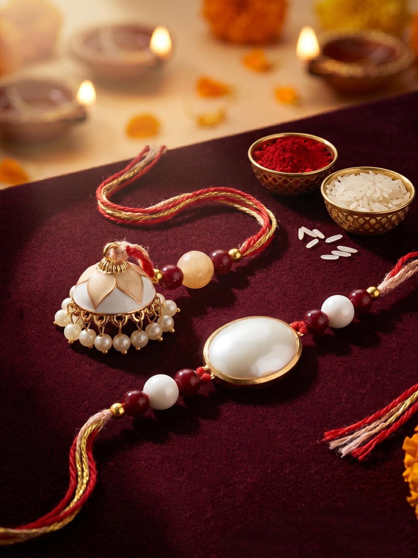 Set of 2 White & Maroon Bhaiya Bhabhi Rakhi Set, Designer Lumba with Beads, Roli, Chawal & Card (265-CHCR1-1151-W-2-2026)