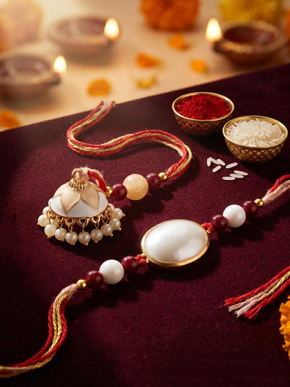 Set of 2 White & Maroon Bhaiya Bhabhi Rakhi Set, Designer Lumba with Beads, Roli, Chawal & Card (265-CHCR1-1151-W-2-2026)