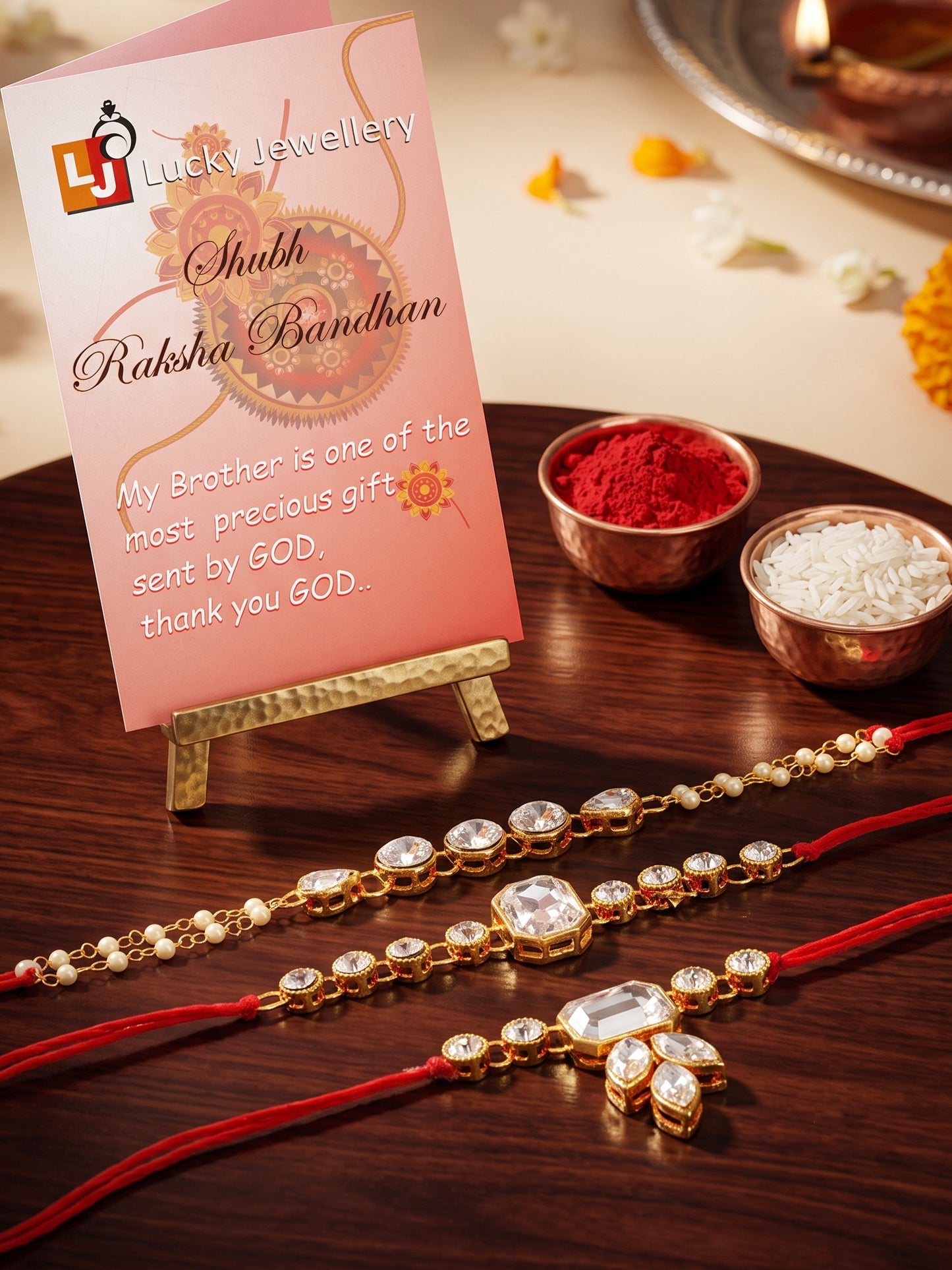 LUCKY JEWELLERY Traditional Rakhi for Brother/Bhaiya – Gold Plated Red Thread Rakshabandhan Rakhie White Stones for Bhai/Bhabhi (Pack of 3) – Fancy Rakhee Bracelet Rakshasutra (159-L1R1-01-W-3-2026)