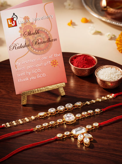 LUCKY JEWELLERY Traditional Rakhi for Brother/Bhaiya – Gold Plated Red Thread Rakshabandhan Rakhie White Stones for Bhai/Bhabhi (Pack of 3) – Fancy Rakhee Bracelet Rakshasutra (159-L1R1-01-W-3-2026)