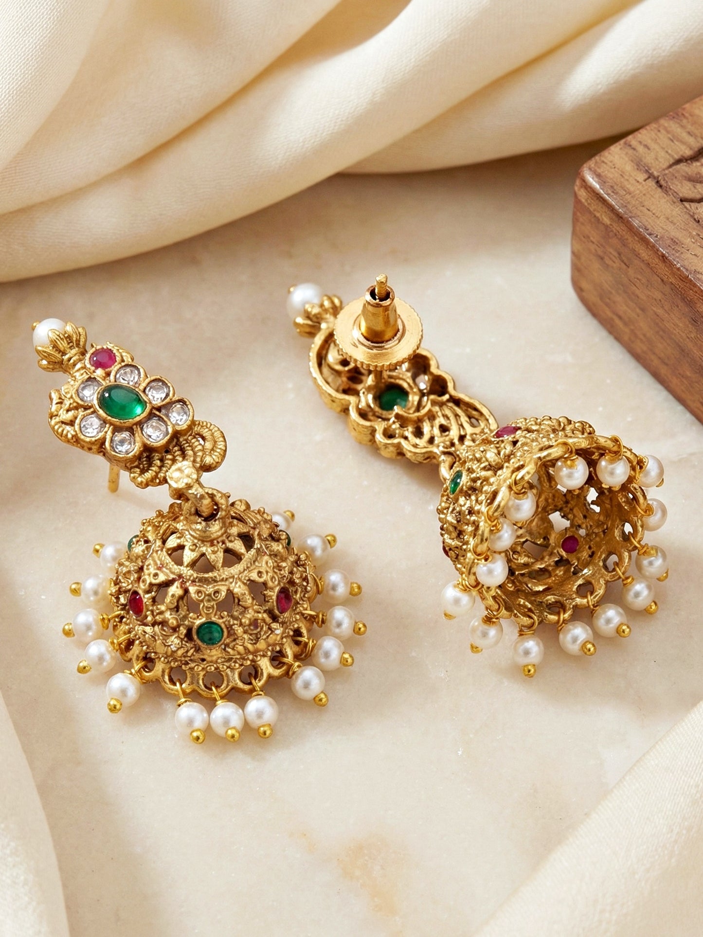 Traditional Gold-Tone Paisley Pendant Necklace Set with Dome Jhumka Earrings | Pink Enamel Meenakari Detailing & Green Stone Embellishments (689-ISR-2182-RG)