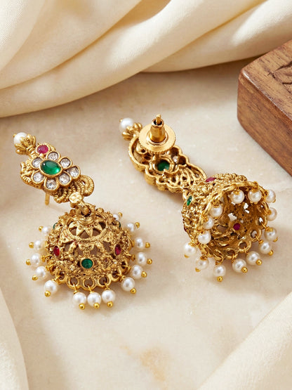 Traditional Gold-Tone Paisley Pendant Necklace Set with Dome Jhumka Earrings | Pink Enamel Meenakari Detailing & Green Stone Embellishments (689-ISR-2182-RG)