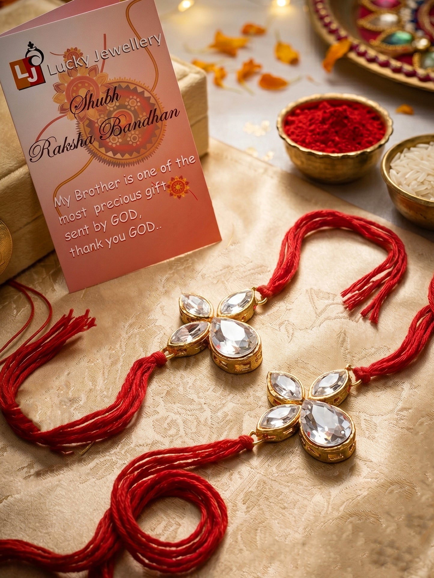 LUCKY JEWELLERY Traditional Rakhi for Brother/Bhaiya – Gold Plated Red Thread Rakshabandhan Rakhie White Stones for Bhai/Bhabhi (Pack of 2) – Fancy Rakhee Bracelet Rakshasutra (152-L1R1-06-W-2-2026)