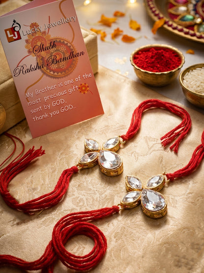 LUCKY JEWELLERY Traditional Rakhi for Brother/Bhaiya – Gold Plated Red Thread Rakshabandhan Rakhie White Stones for Bhai/Bhabhi (Pack of 2) – Fancy Rakhee Bracelet Rakshasutra (152-L1R1-06-W-2-2026)