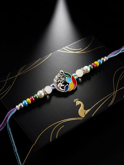 Traditional Silver-Tone Meenakari Peacock Beaded Rakhi For Brother With Roli Chawal & Card (102-S5R1-AR2786)