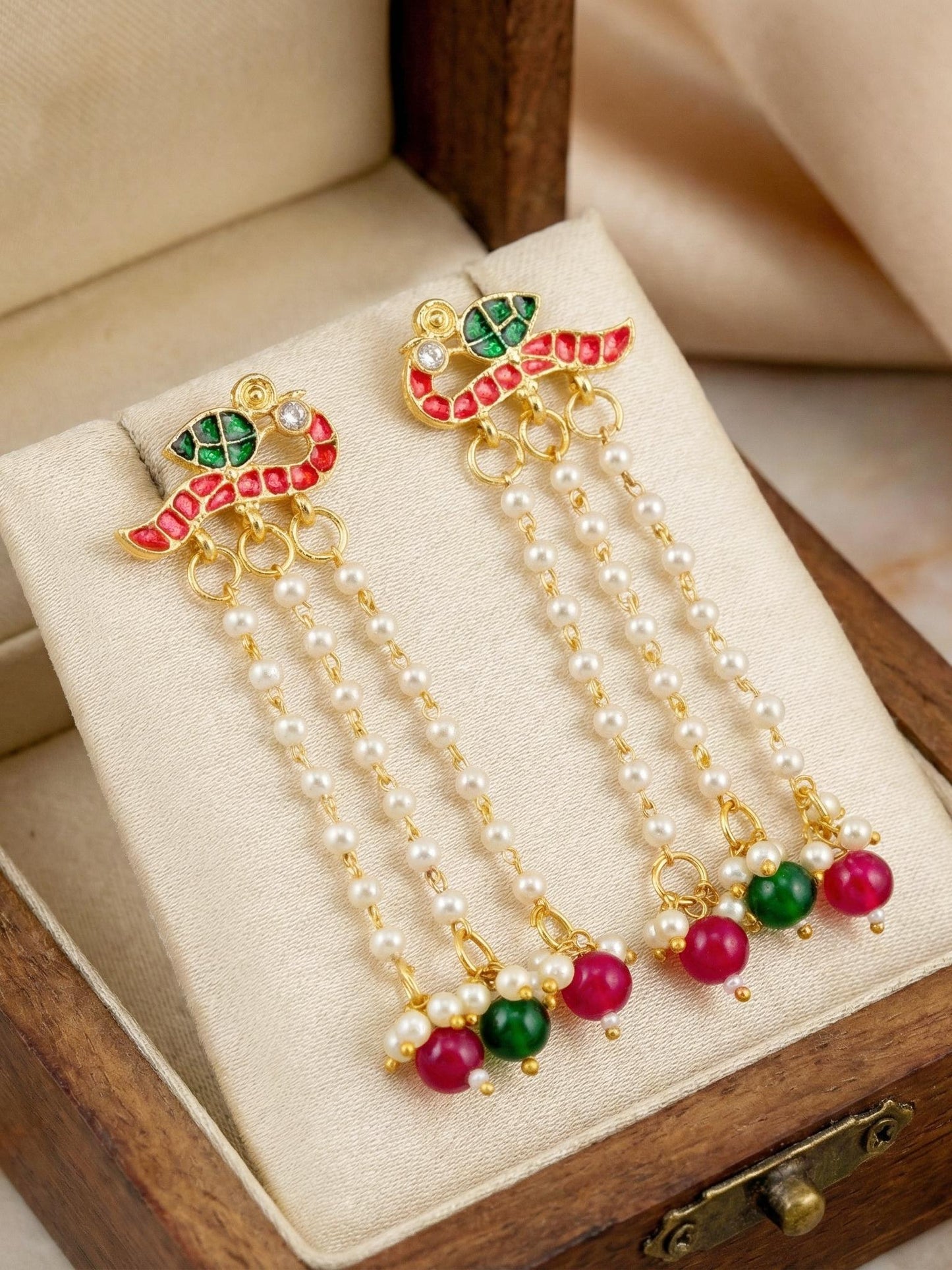 Gold Plated Enamel Bird Moti Layer Long  Earrings with Magenta & Green Beads For Girls & Women (225-KEG-9881-RG)