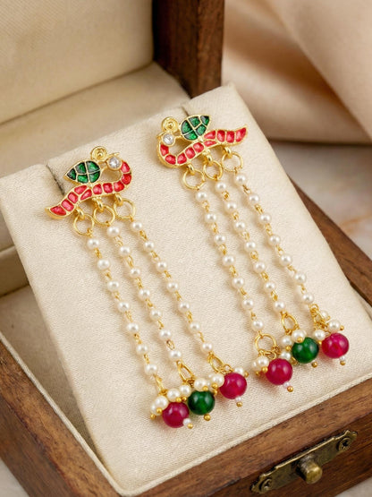 Gold Plated Enamel Bird Moti Layer Long  Earrings with Magenta & Green Beads For Girls & Women (225-KEG-9881-RG)