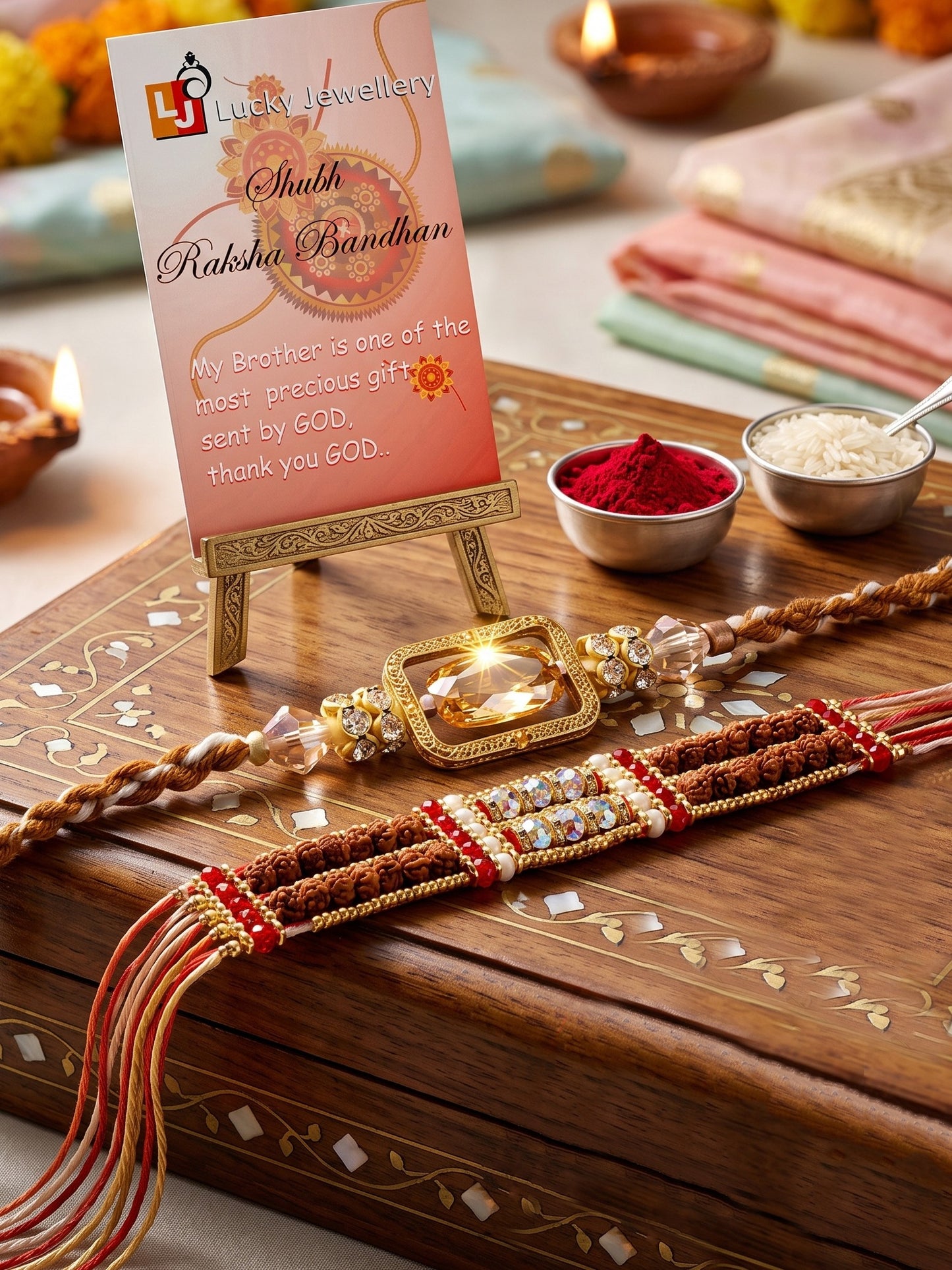 Designer Combo of 2 Rectangular Centerpiece Stone & Rudraksha Style Rakhi by Lucky Jewellery with Red Accents, Roli & Chawal (174-S7R1-2315-2)