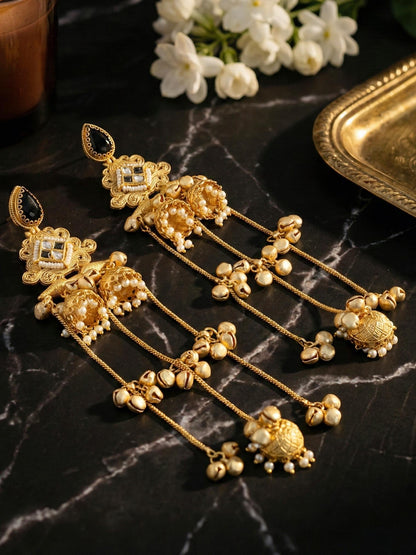 LUCKY JEWELLERY Gold Plated Kashmiri Earrings with Black Stones, Triple Jhumka with Long Ghungroo Chains for Girls & Women | Designer Earring Set | Birthday, Valentine & Anniversary Gift