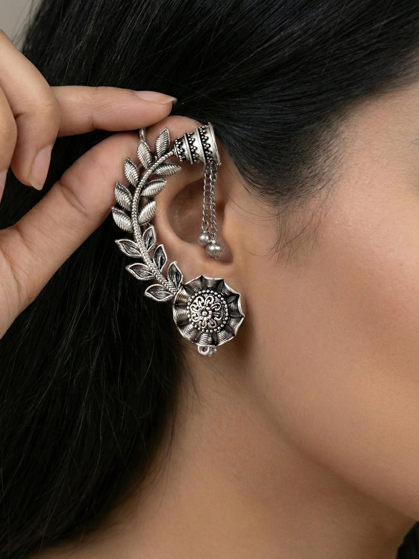 Oxidised Silver Leaf Floral Ear Cuff with Ghungroo Chain Drop Earrings For Girls & Women (258-KK2O-10668)