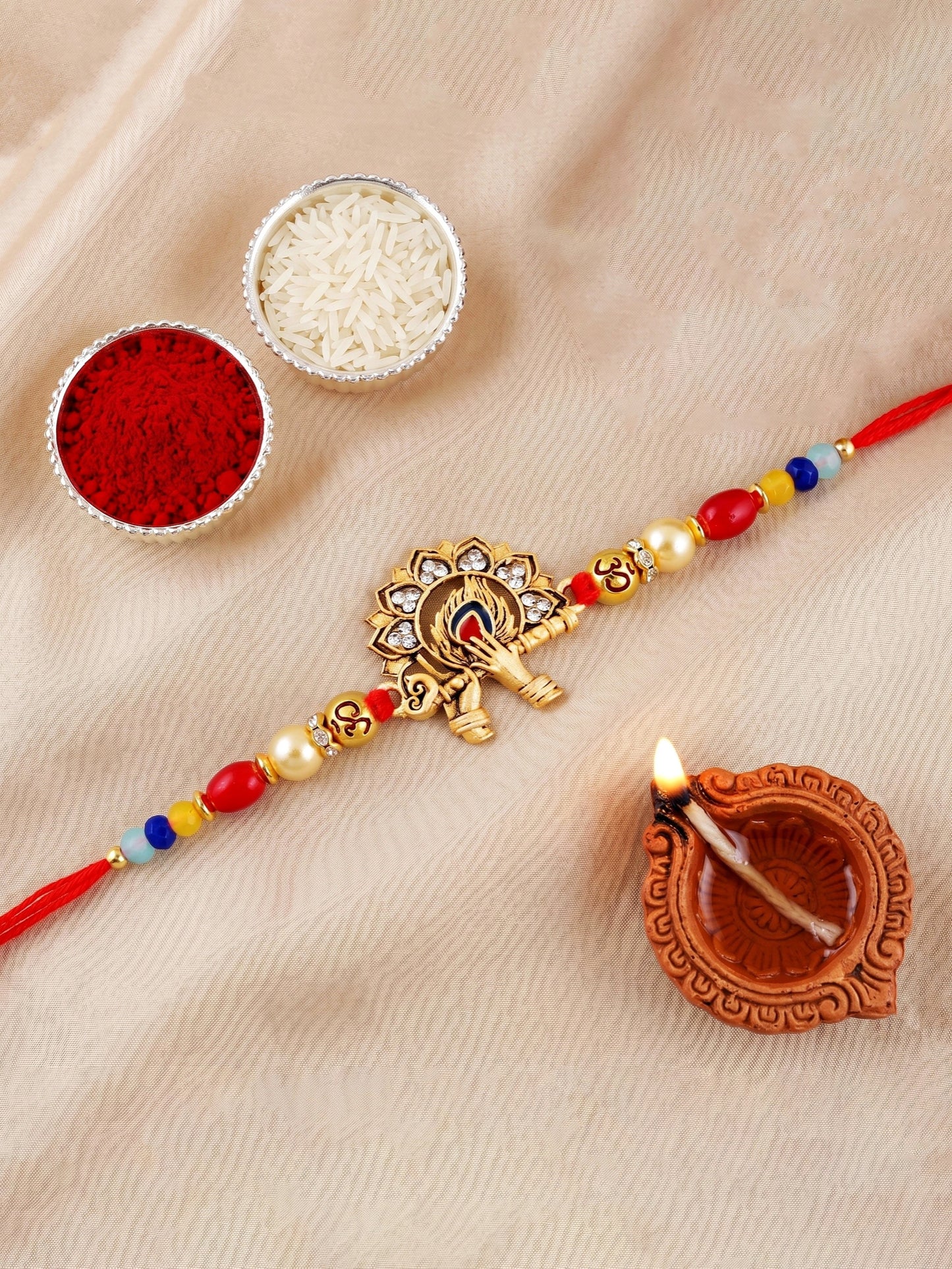 Designer Krishna Flute & Peacock Rakhi Set For Brother | Roli Chawal And Card (72-S5R1-AR2934)