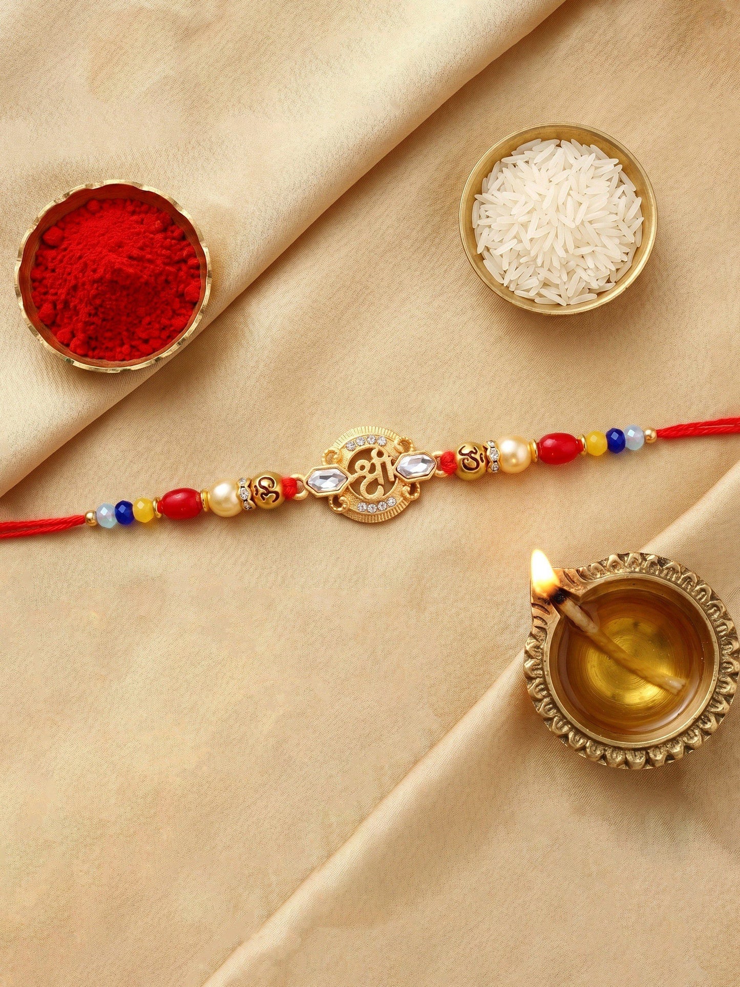 Religious Shree Symbol & Spiritual Om Beaded Rakhi Set for Brother | Roli Chawal, Card (72-S5R1-AR2967)