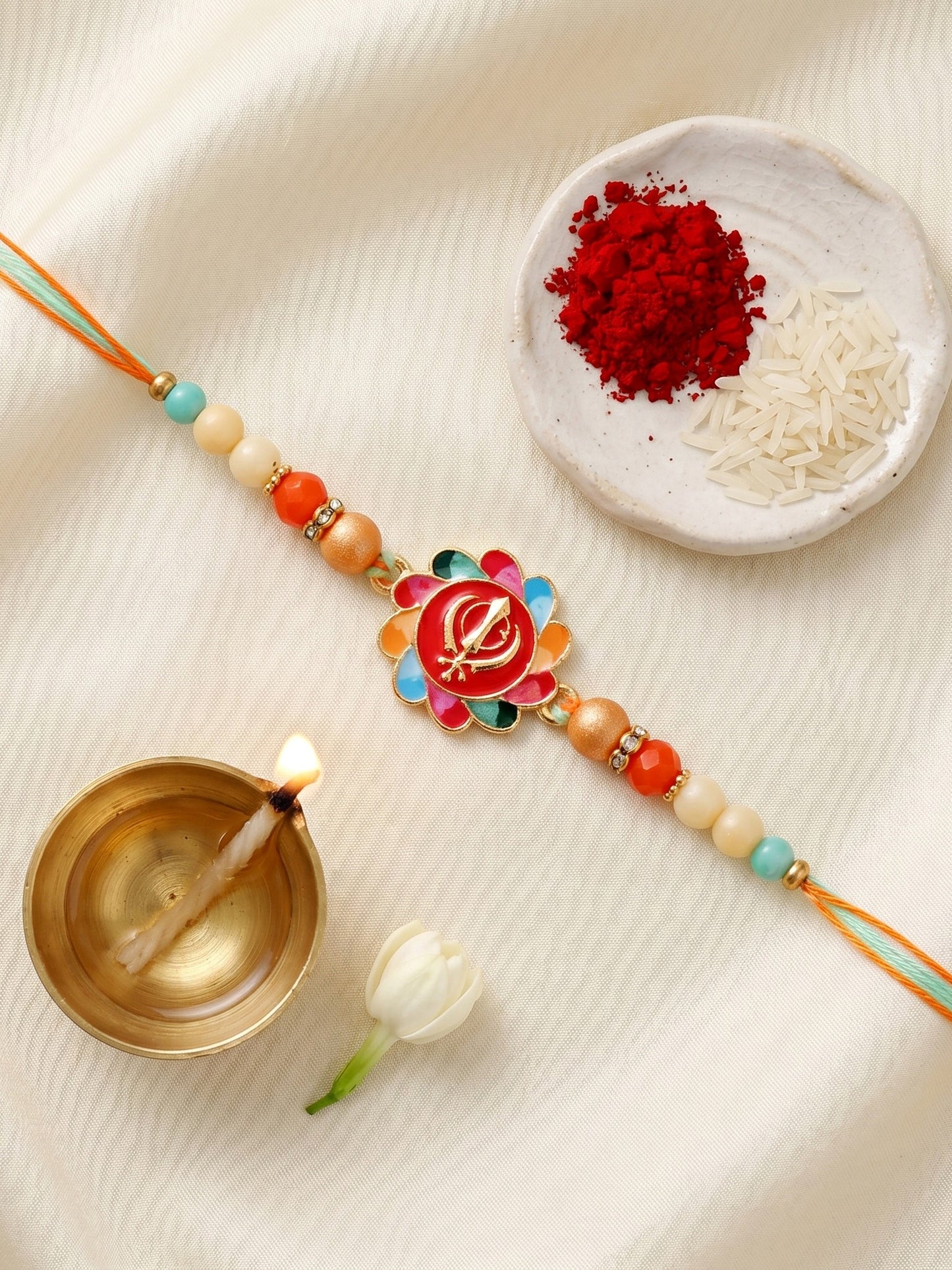 Khanda Sahib Punjabi Sikh Symbol Beaded Rakhi for Brother With Roli Chawal & Greeting Card (102-S5R1-JMD0215)