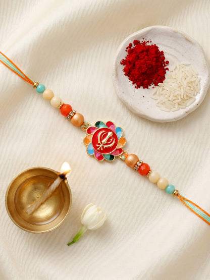 Khanda Sahib Punjabi Sikh Symbol Beaded Rakhi for Brother With Roli Chawal & Greeting Card (102-S5R1-JMD0215)