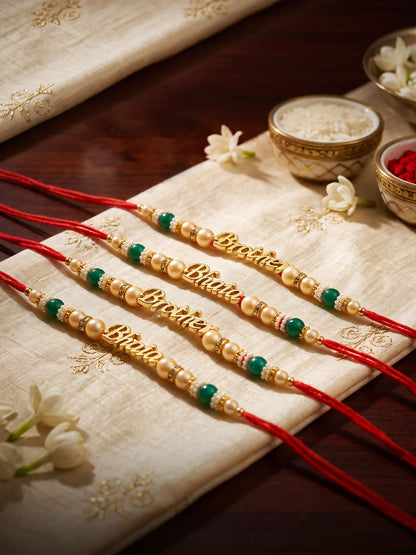 Set of 4 Bhaia & Brother Gold Text Rakhi with Green Beads, Roli Chawal & Card (100-CHR1-196465-4-2026)