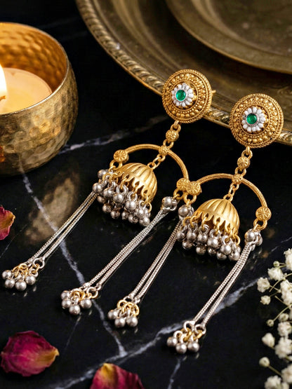 LUCKY JEWELLERY Trendy Celebrity Inspired Oxidised Silver Pink Stone Long Dangler Earrings For Girls & Women | Antique Silver Jhumkee Earing Set | Birthday Gift Earrings Valentine Anniversary Gift