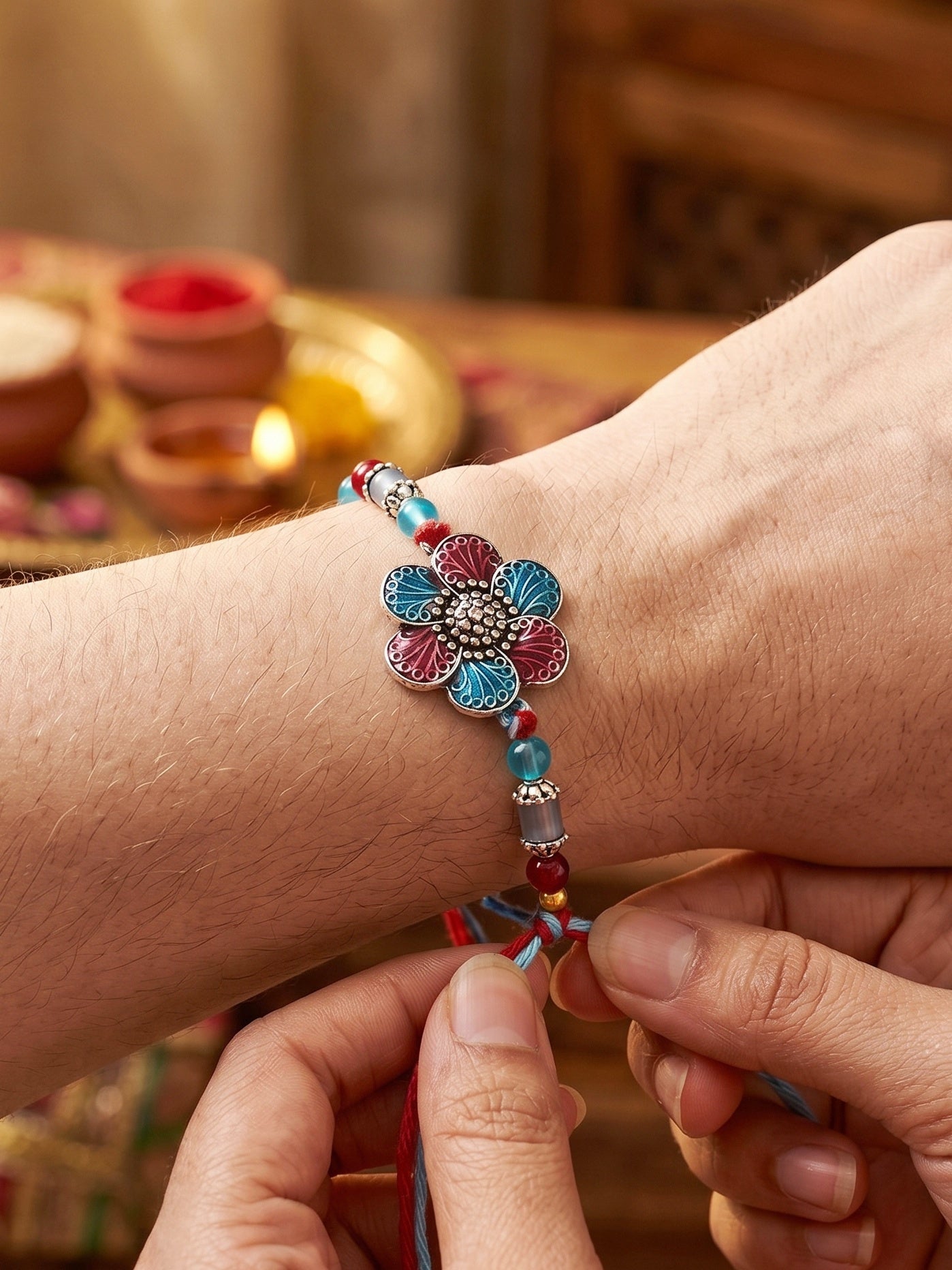 Set of 2 Designer Floral Rakhi for Brother with Metallic, Blue & Maroon Enamel, Roli & Chawal (106-CHR1-1967-RF-S-2-2026)