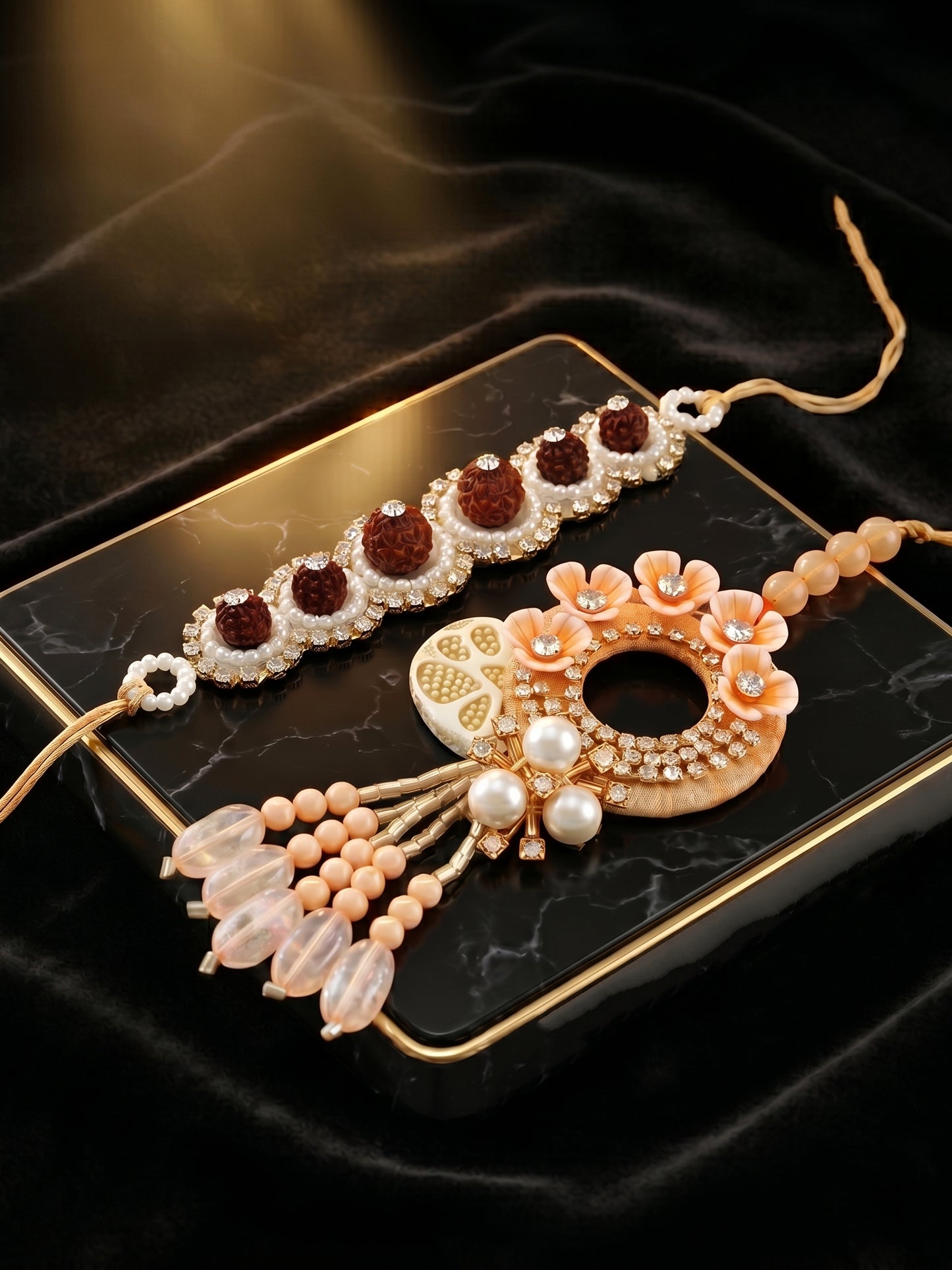 Designer Bhaiya Bhabhi Rakhi Set | Peach Floral Dangling Lumba & Traditional Brown Beaded Rakhi (192-S7R1-PJ6605-PH)