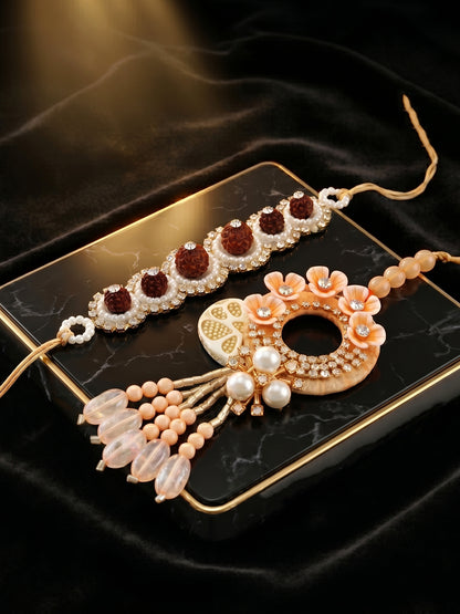 Designer Bhaiya Bhabhi Rakhi Set | Peach Floral Dangling Lumba & Traditional Brown Beaded Rakhi (192-S7R1-PJ6605-PH)