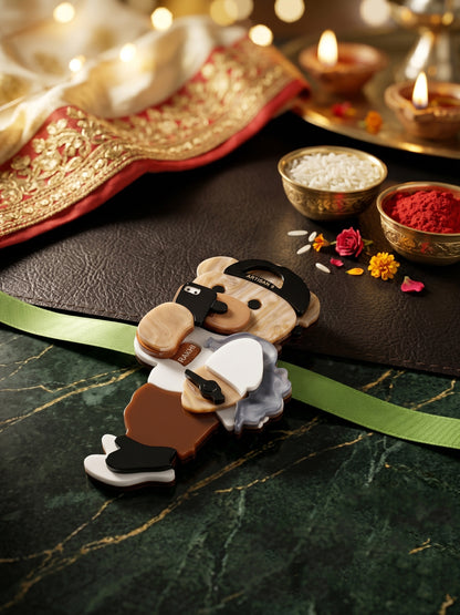 Kids Rakhi for Little Brother, Cute Selfie Teddy Bear Acrylic Charm on Green Ribbon, Roli, Chawal (425-CHR1-1193-1-2026)