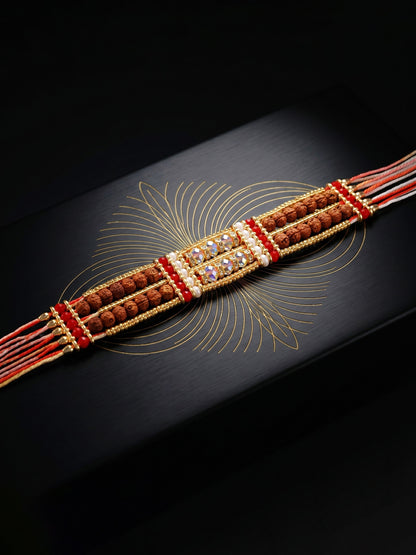 Designer Broad Bracelet Rakhi for Brother with Roli Chawal & Card | Multistrand Rudraksha Style Set (94-S7R1-EA3602)