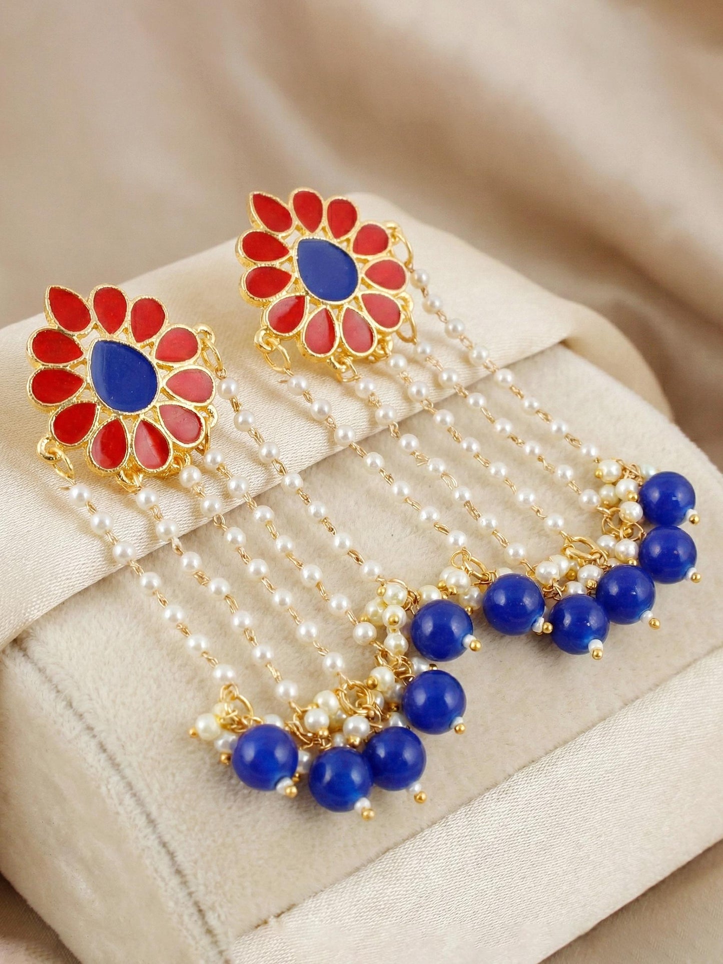 Gold-Plated Magenta Enamel Floral Earrings with Moti Layers &  Blue Beads Earring For Girls & Women (354-KEO-13113-RB)