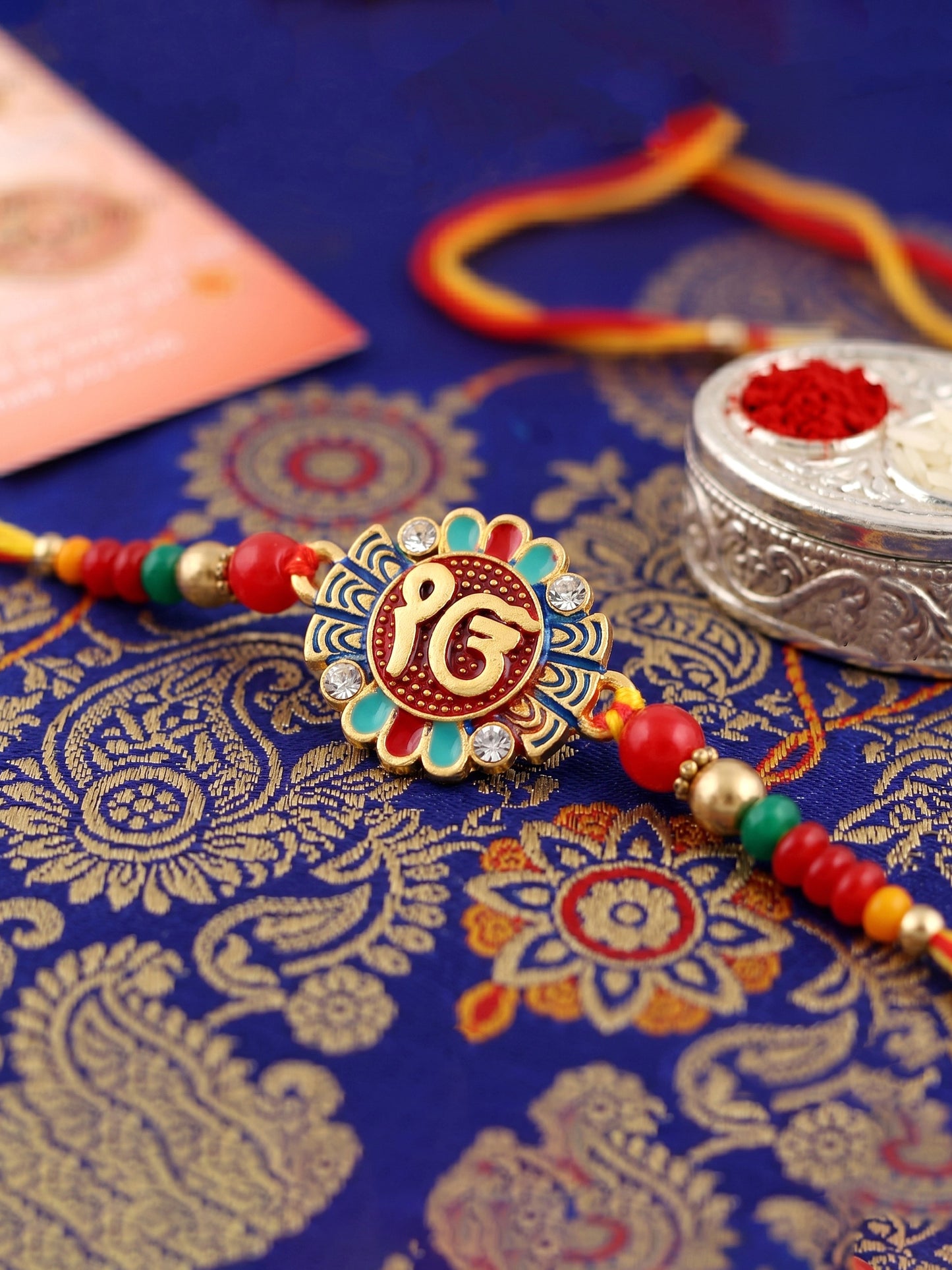 Ek Onkar Spiritual Sikh Rakhi For Brother | Punjabi Beaded Rakhi Set, Roli Chawal & Greeting Card (102-S5R1-PR1360)