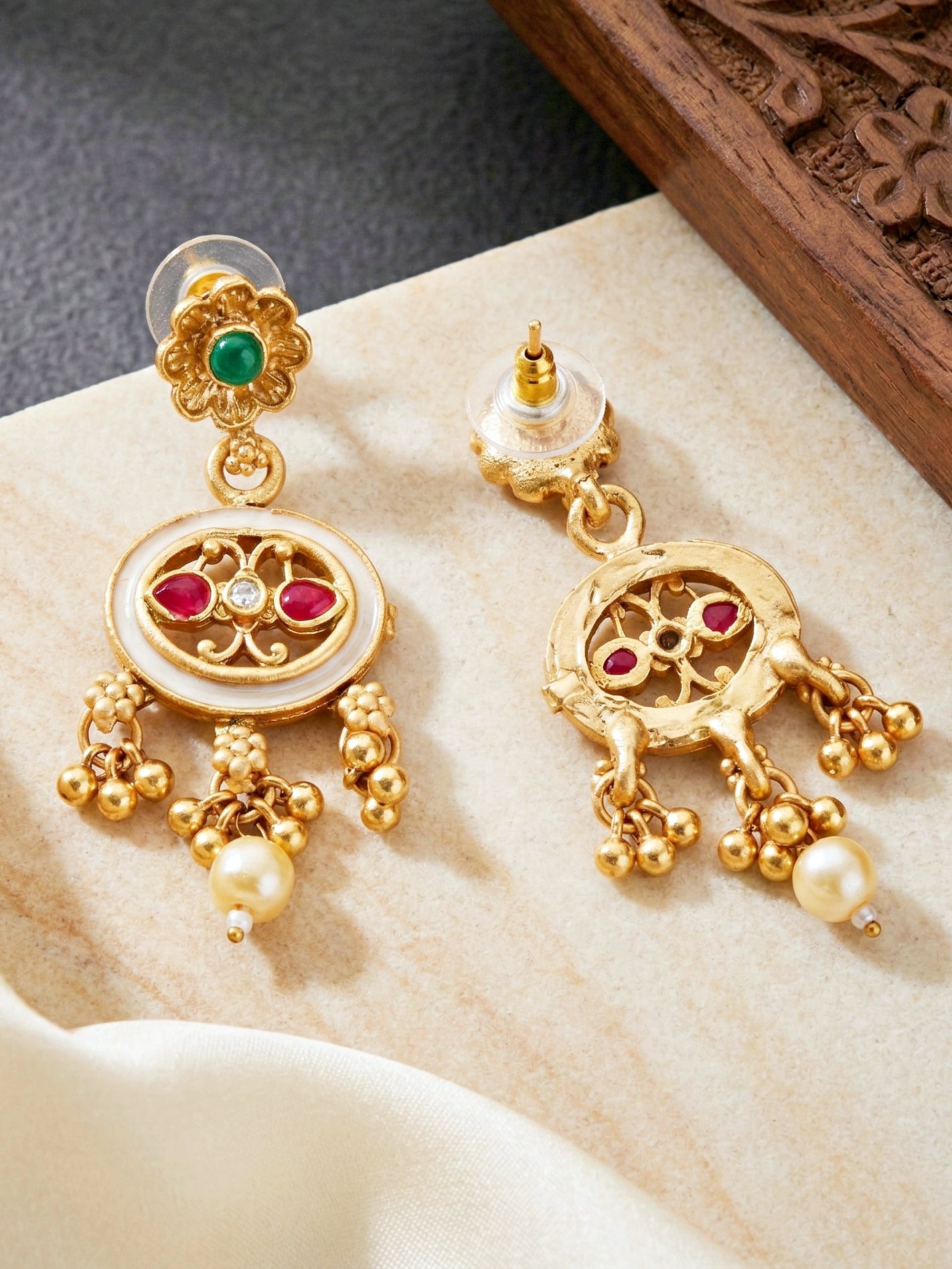 Lucky Jewellery Gold-Plated Meenakari Red & Green Stone Necklace Set (580-G2SR-261-WRG)