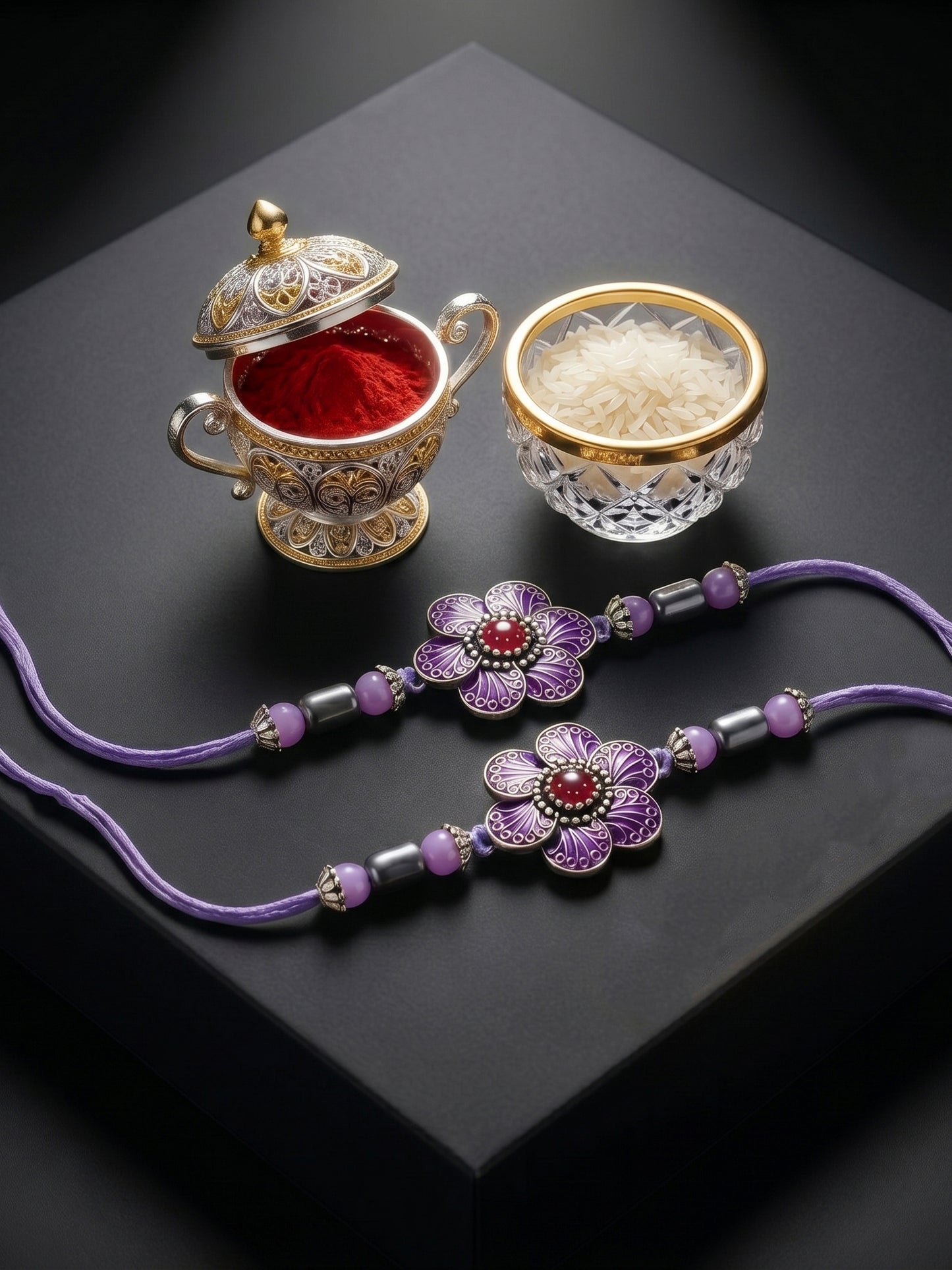 Set of 2 Purple Floral Rakhi for Brother with Silver Accents, Lavender Beads, Roli & Chawal & Card (106-CHR1-1967-P-S-2-2026)