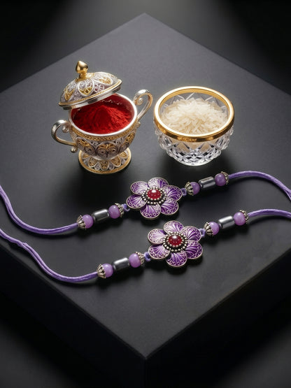 Set of 2 Purple Floral Rakhi for Brother with Silver Accents, Lavender Beads, Roli & Chawal & Card (106-CHR1-1967-P-S-2-2026)