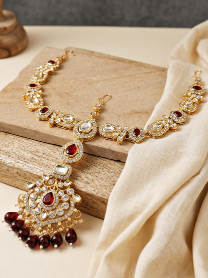 Bridal AD Maroon Stone Heavy Choker Jewellery Set with Sheesh Patti, Nath & Jhumka (3300-M8ZK-1102-M)