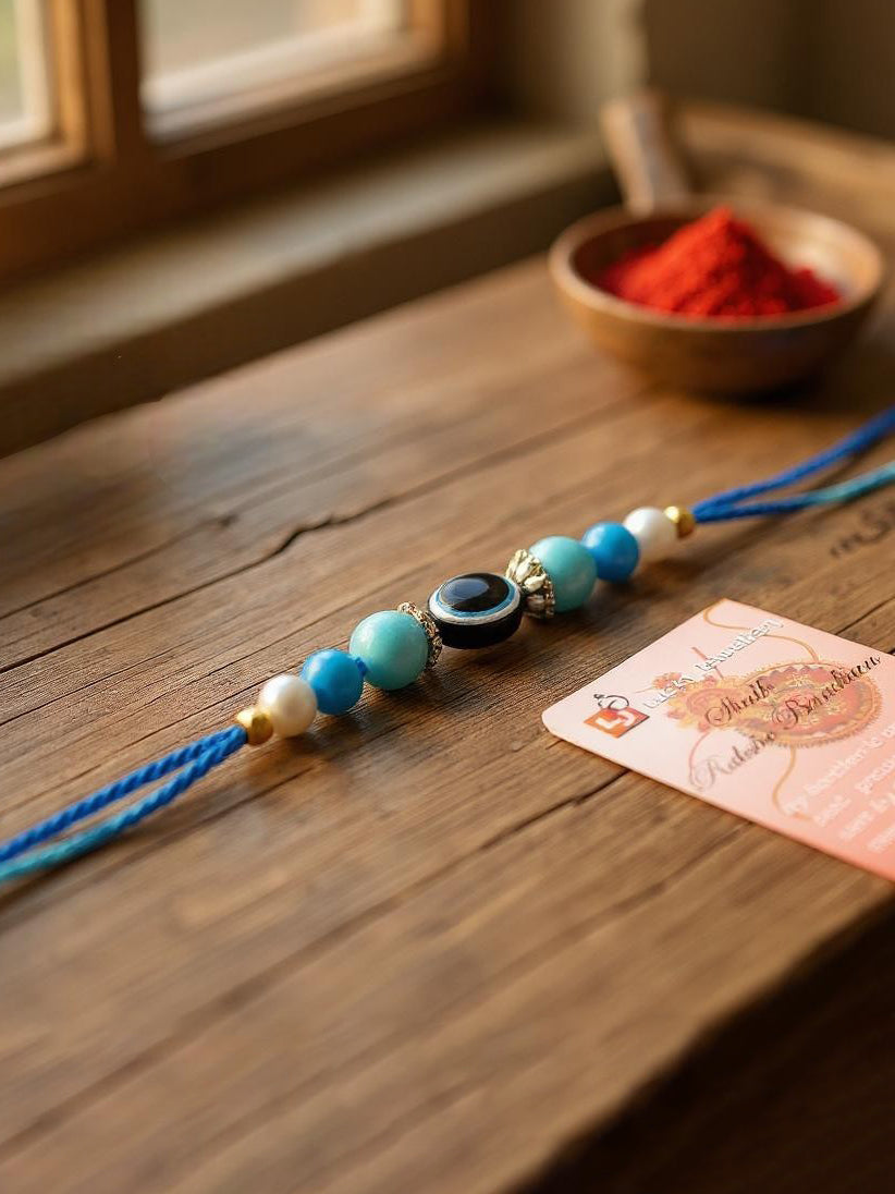 Lucky Jewellery Designer Blue Color Evil Eye Rakhi - Rakshabandhan Rakhee with Lumba Bracelet for Brother/Bhaiya/Bhai/Bhabhi - Pack of 4 (116-J5R1-1991-EE-4)