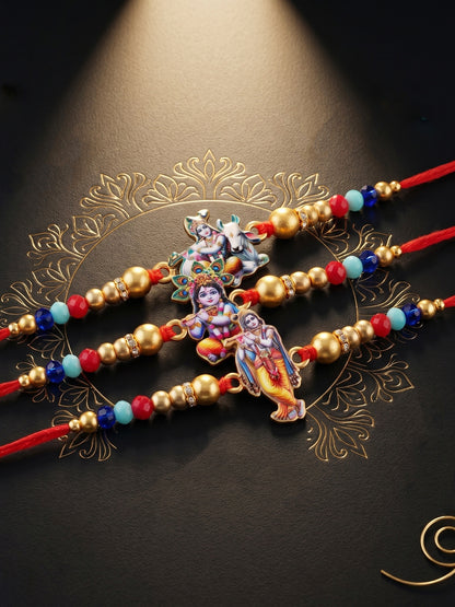 Designer Krishna Rakhi Set of 3 for Bhai | Traditional Red Thread with Golden & Colored Beads | Raksha Bandhan Gift Pack with Roli Chawal Card (252-S5R1-2310-3)