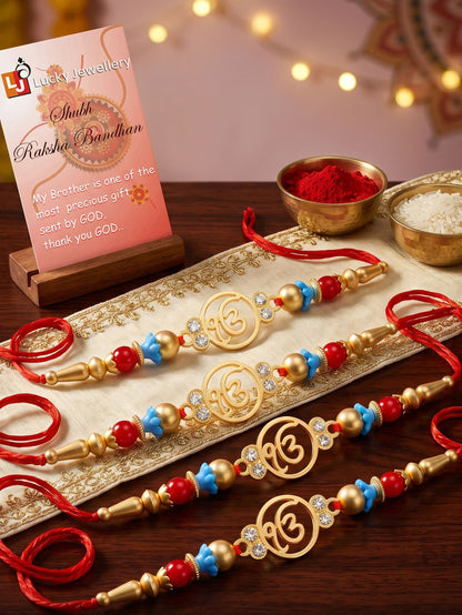 Lucky Jewellery Set of 4 Rakhi with Ek Onkar Pendant, Maroon & Blue Beads, Roli Chawal & Card (62-S7R1-2322-4)