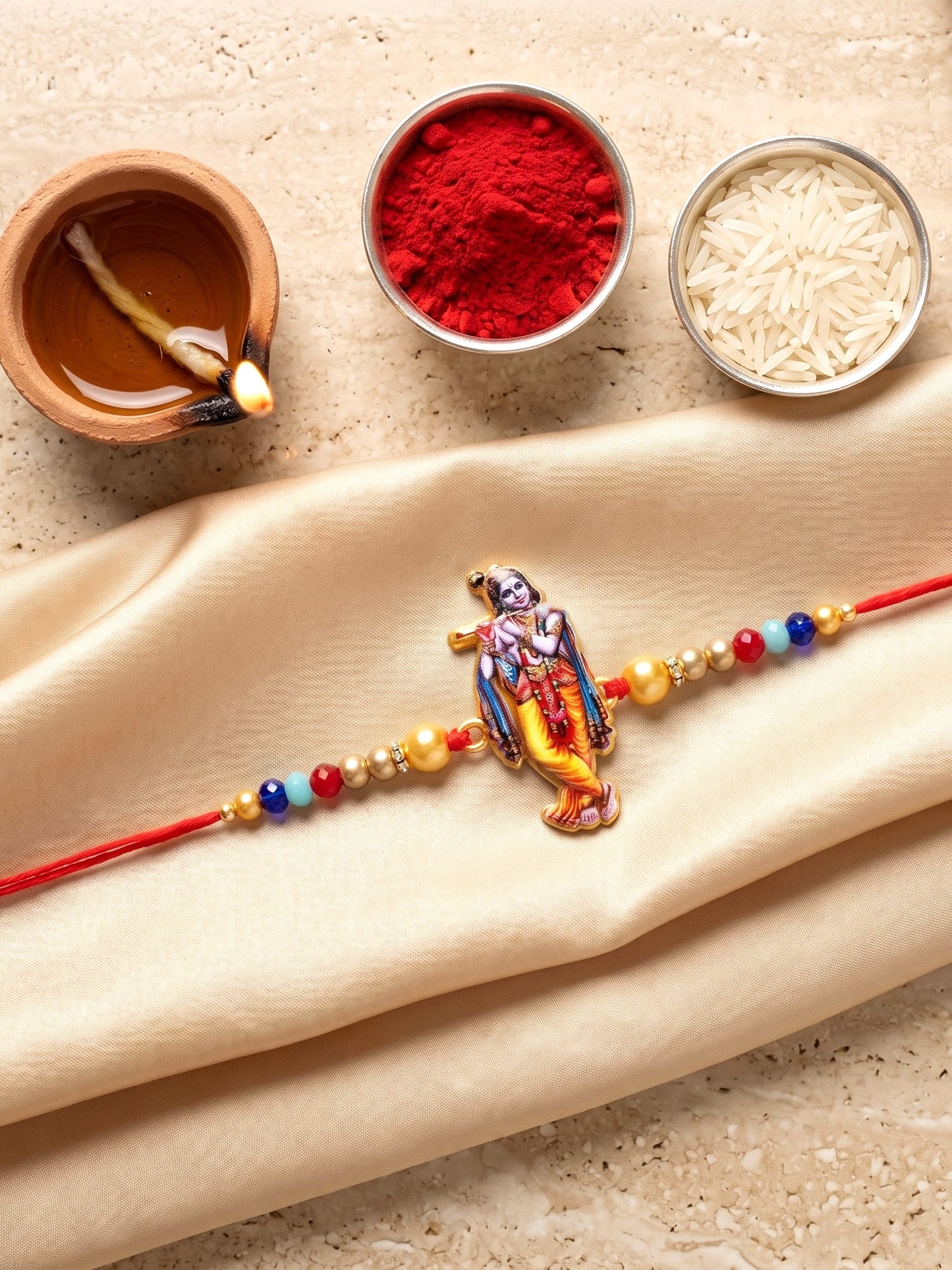 Spiritual Flute-Playing Krishna Beaded Rakhi Set For Brother With Roli Chawal & Card (84-S5R1-JCP328)