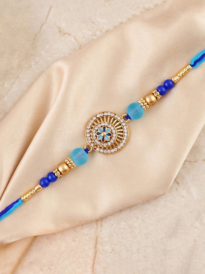 Designer Evil Eye Rakhi for Brothers with Roli Chawal & Card | Gold-Tone Crystal Studded Floral Set (109-S7R1-EA4107)