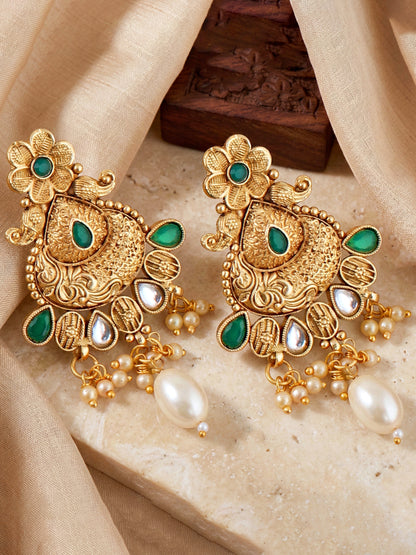 Lucky Jewellery Gold-Plated Green Color Long Necklace Set (660-G2SR-203-G)