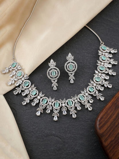 Silver-Tone Turquoise Stone & American Diamond Necklace Set with Earrings for Women – Office, Party & Function Wear (1717-K4SA-2242-MNT-S)